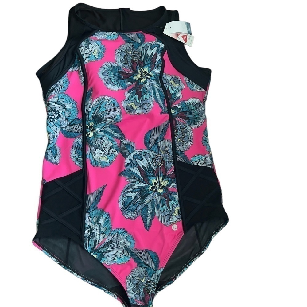 Cacique Women’s One Piece Pink Floral Multicolor Swimsuit with Mesh Size 24 NWT